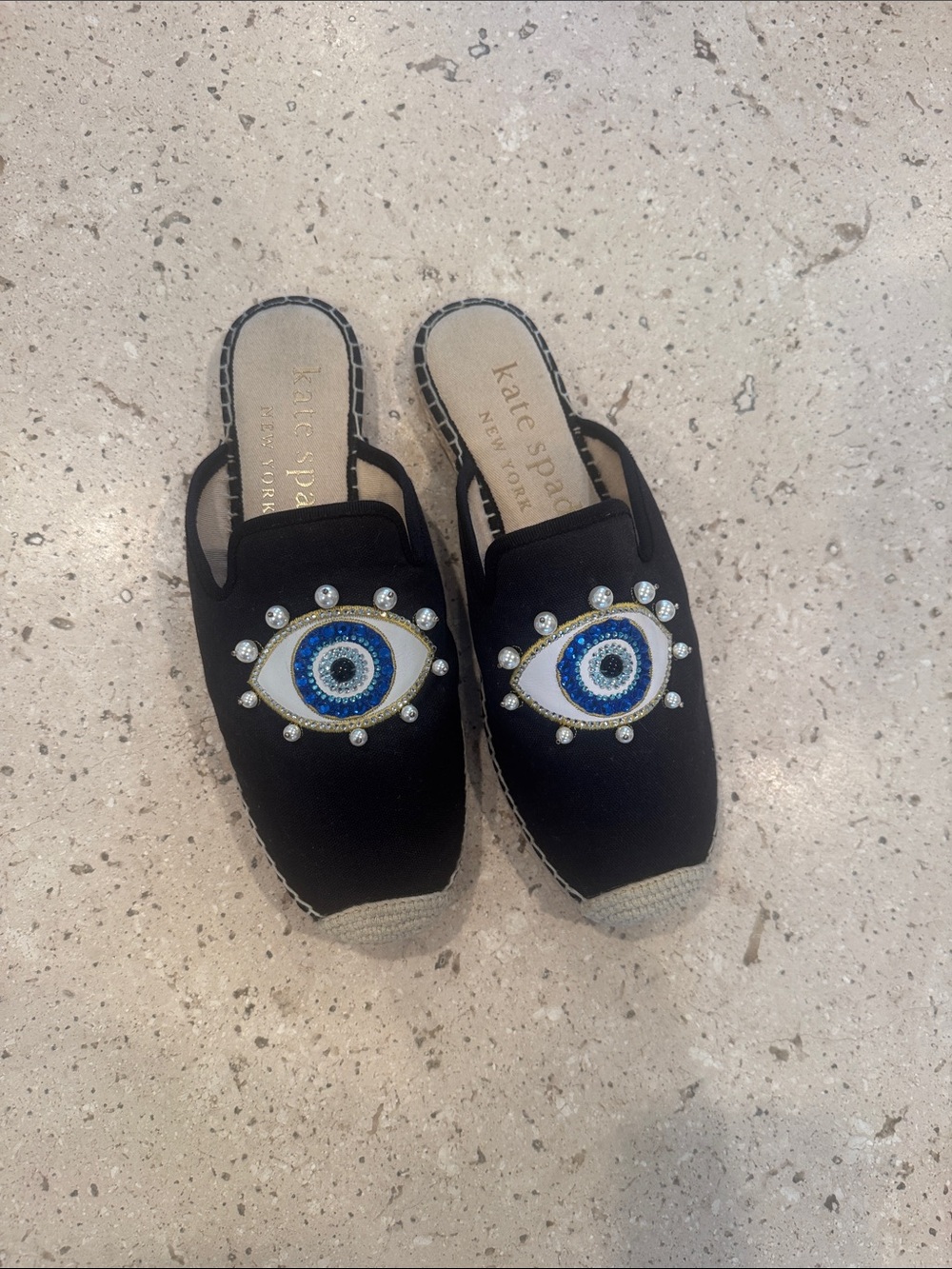 kate spade Black Slip-On Espadrilles with Blue Beaded Eye